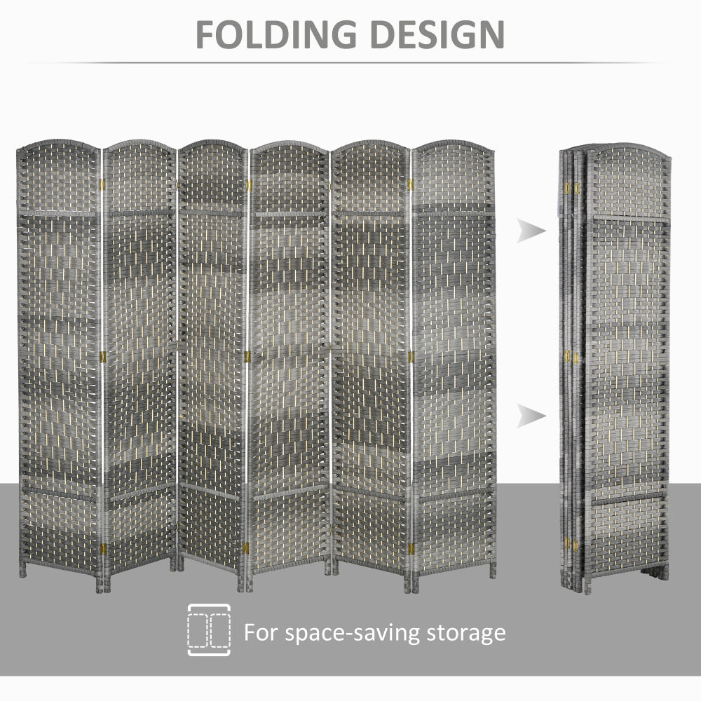 HOMCOM 6 Panel Room Divider, 6' Tall Folding Privacy Screen, Hand-Woven Freestanding Wall Partition for Home Office, Bedroom, Mixed Gray