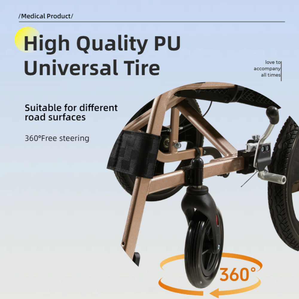 Foldable lightweight wheelchair. Equipped with double hand brakes. Adult wheelchair. Weighs only 27 lbs. Reversible and height adjustable armrests (15" rear wheels). Color Champagne gold