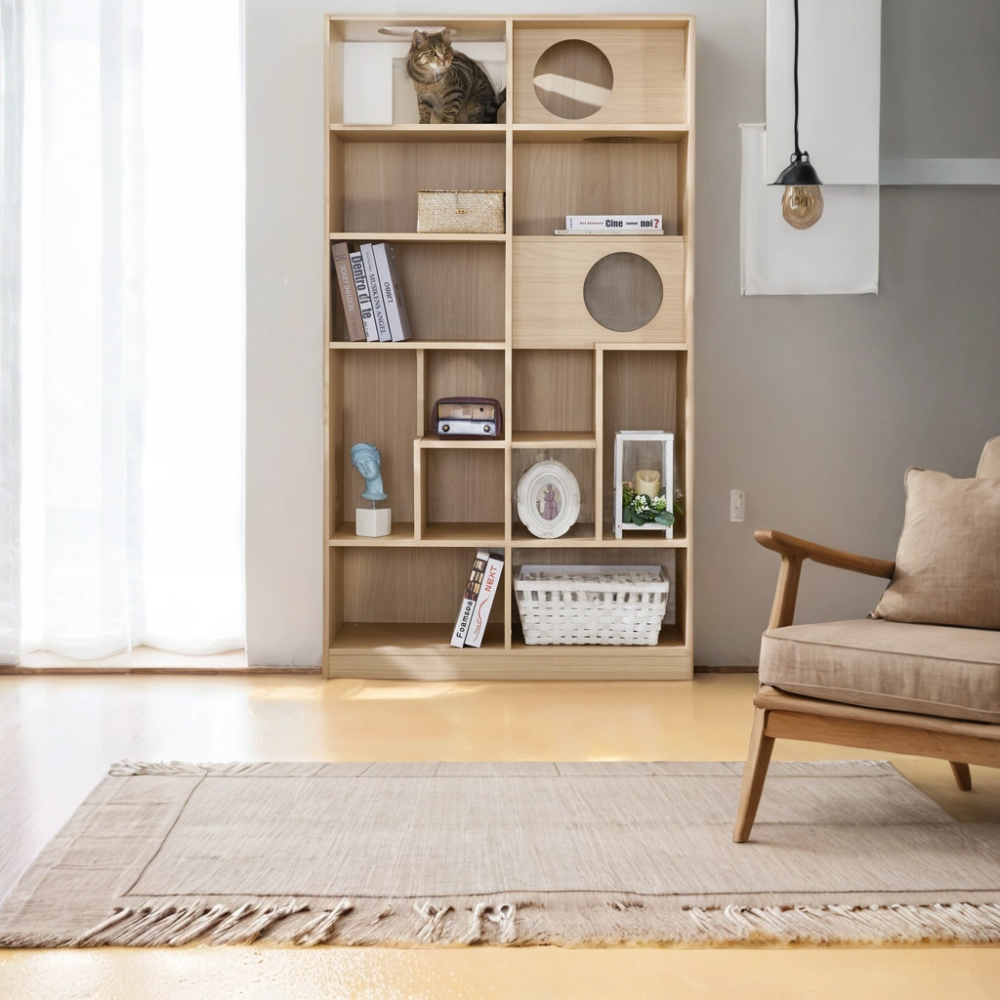Modern 2 IN 1 Wood Bookshelf Cat House, Cat Tree Display Case with Storage, Cat Litter Box Enclosure Climbing Shelf