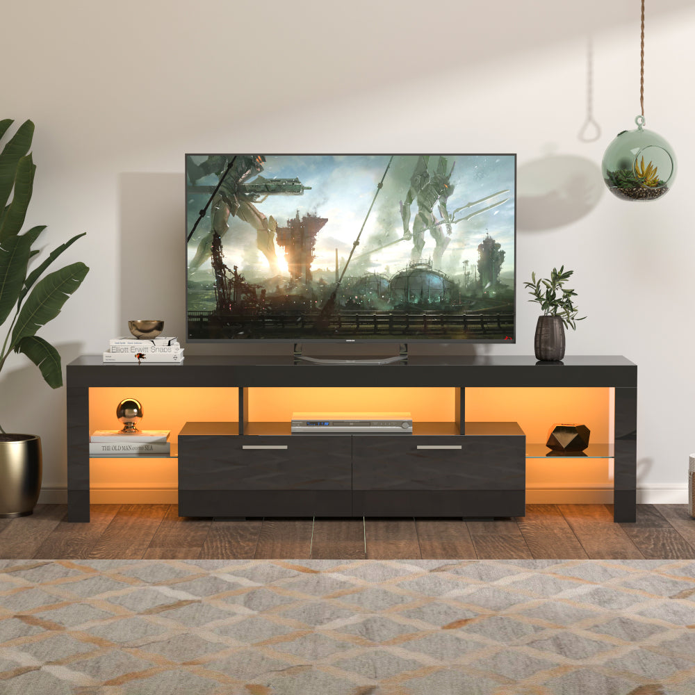 FashionTVstandTVcabinet,EntertainmentCenter,TVstationTV console,media console,with LEDlight belt,light belt remote control,toughenedglassshelf,metal handle,Canbeplaced in the living room,bedroom,White