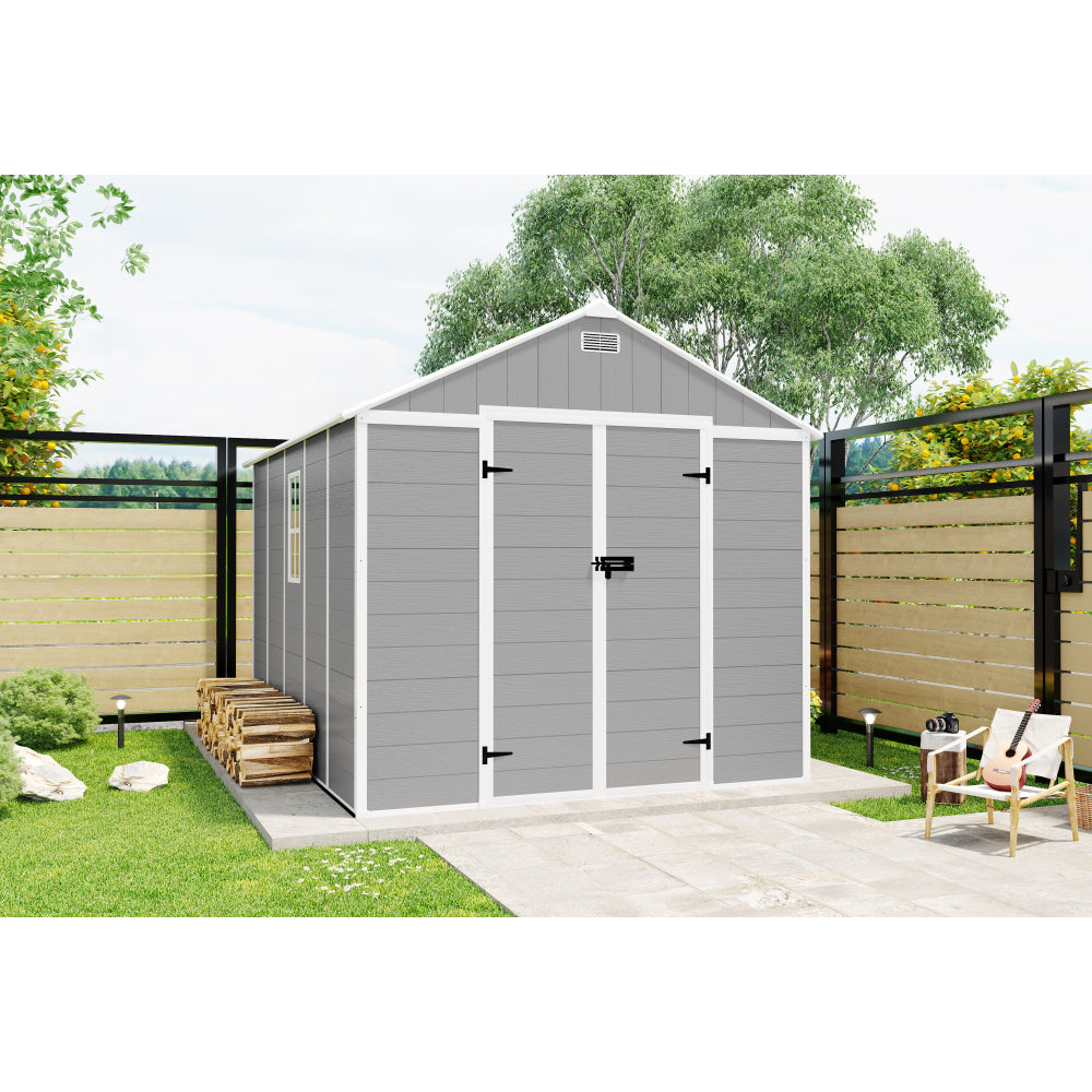 Campcraft 6*5ft resin storage shed, high quality pp material, strong structure, waterproof, rust and UV proof, large storage space, 12mm thick pp board, HD window lighting