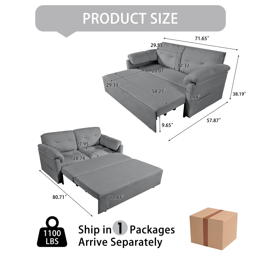 Convertible Pull Out Sofa Bed Queen Size, 3-in-1 Convertible Sleeper Couch with Thicked Cushions and Side Storage,Multi-Functional chenille Loveseat Sofa for Living Room,Bedroom,Apartment,Office,Grey