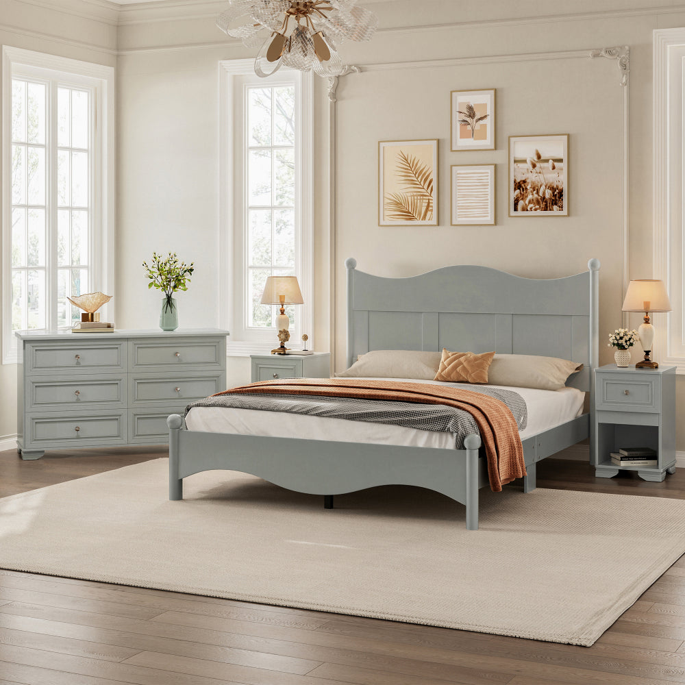 4-Pieces Retro Style Bedroom Sets, Queen Size Platform Bed with Elegant Design, Storage Nightstand and Dresser with Metal Handle, White