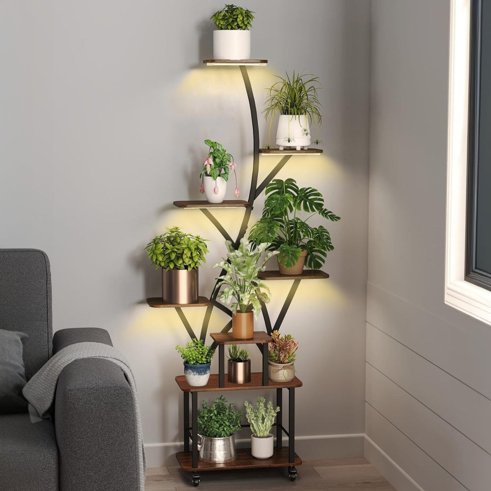 Plant Stand Indoor with Grow Light, 9 Tiered 63" Tall Indoor Plant Shelves for Multiple Plants, Large Metal Plant Shelf, Lighted Plant Stand for Indoor, Balcony, Living Room
