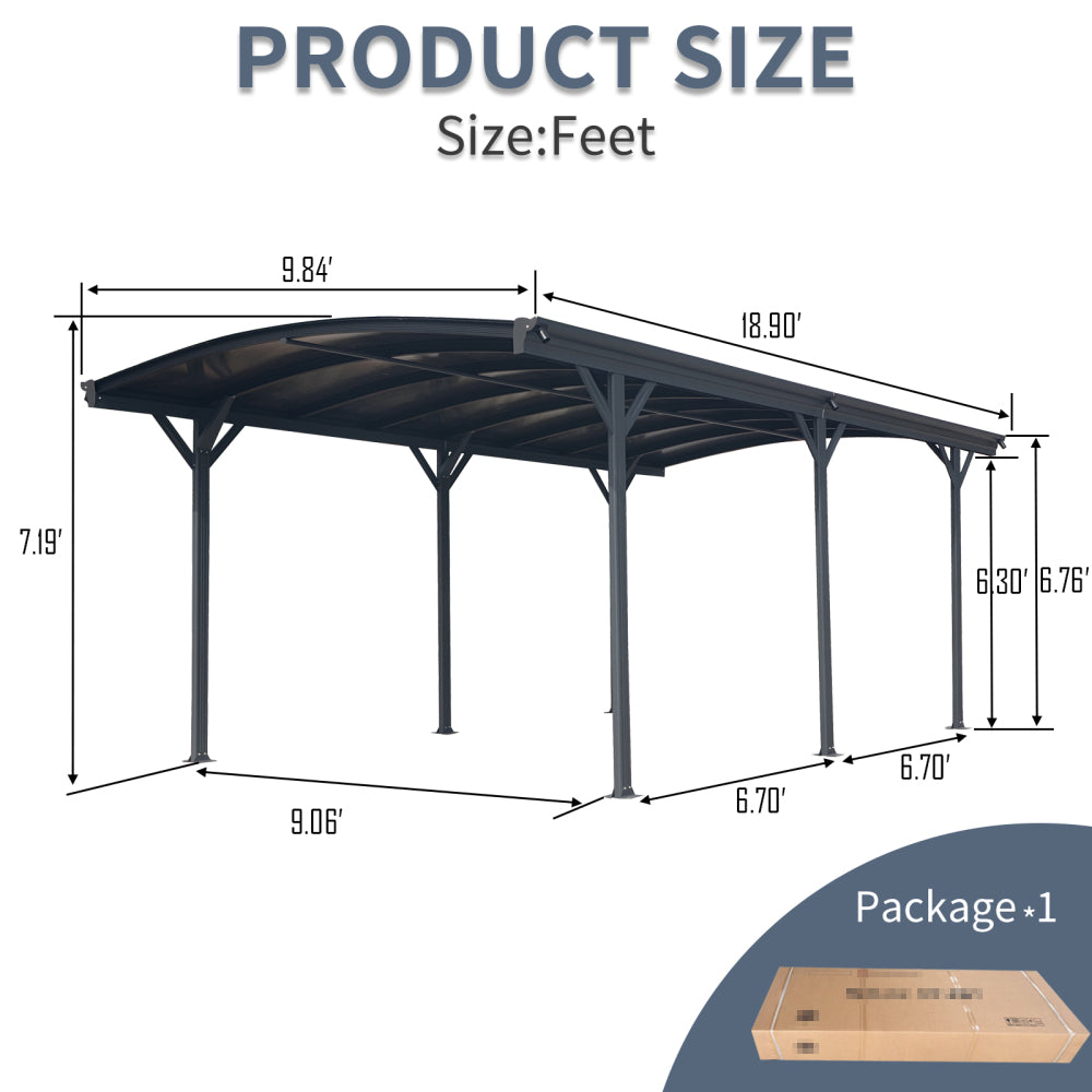 Outdoor Carport, 10 FT * 19 FT* 7 FT Arch Carport Aluminum Metal Frame and Polycarbonate Panels Car Port for Outdoor Driveway Car, Truck