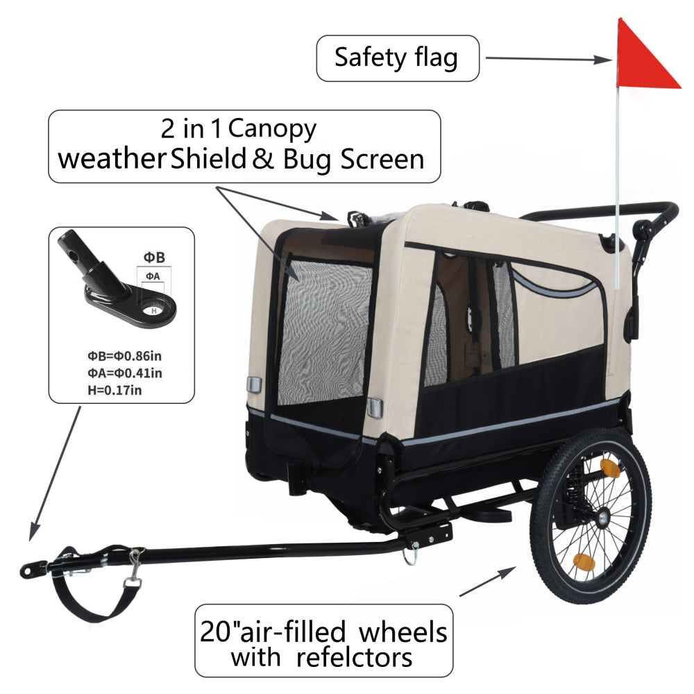 2-in-1 Bike Trailer & Push Cart for Pets - Detachable Bike Hitch & Push Handle Included - All-Terrain Wheels, Quick Release Wheel, Non-Slip Floor, Internal Leash, Holds Up to 88 lbs, Black- Beige