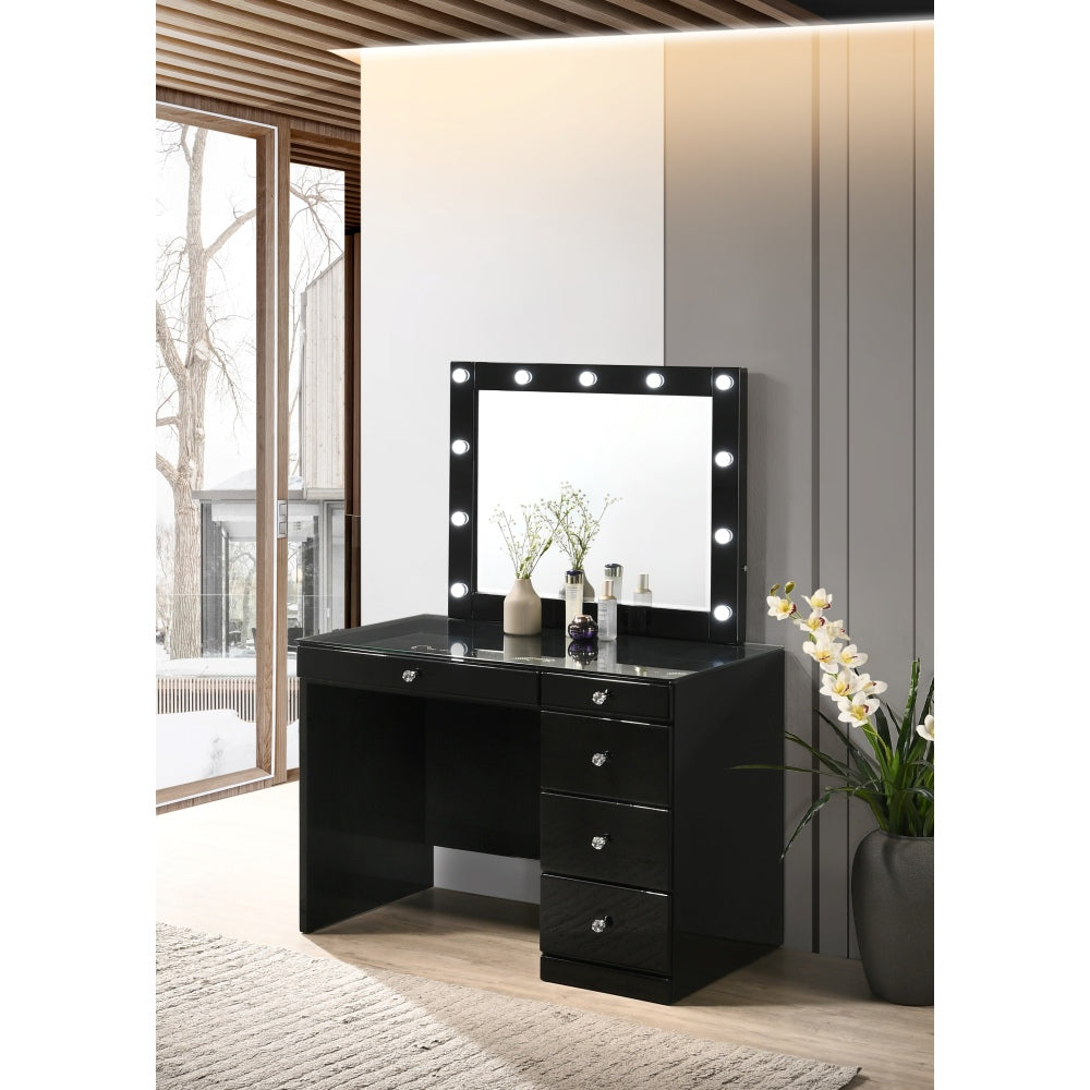 3pc Black Makeup Vanity Set Lighted Mirror Glass Top 5 Drawers Crystal Knobs Round Stool Wooden Bedroom Furniture Black