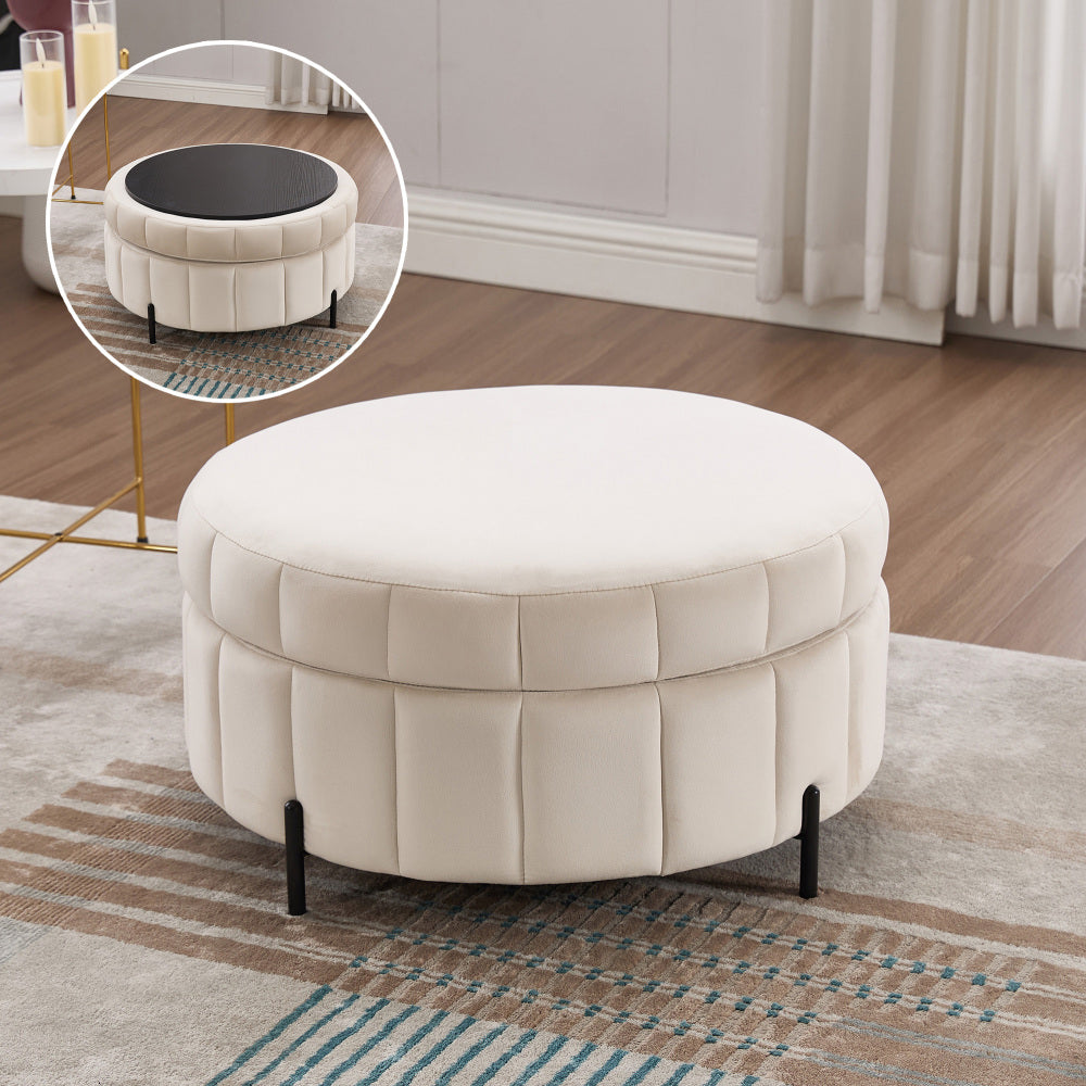 31.5"W Upholstered Round Ottoman With Reversible Lid, Velvet Storage Stool, Channel Tufted Pumpkin-shape Footstool for Living room, Bedroom and Office, Green