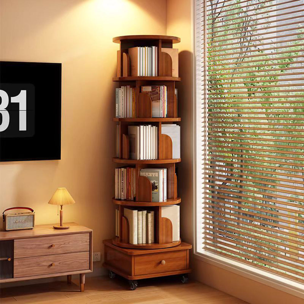 Rotating Bookshelf, 360 Degree Display 5 Tier Corner Bookshelf with Drawer for Small Space, Floor Standing Bookcase Storage Rack, Wood Narrow Book Shelf Organizer for Bedroom, Living Room (WHITE)