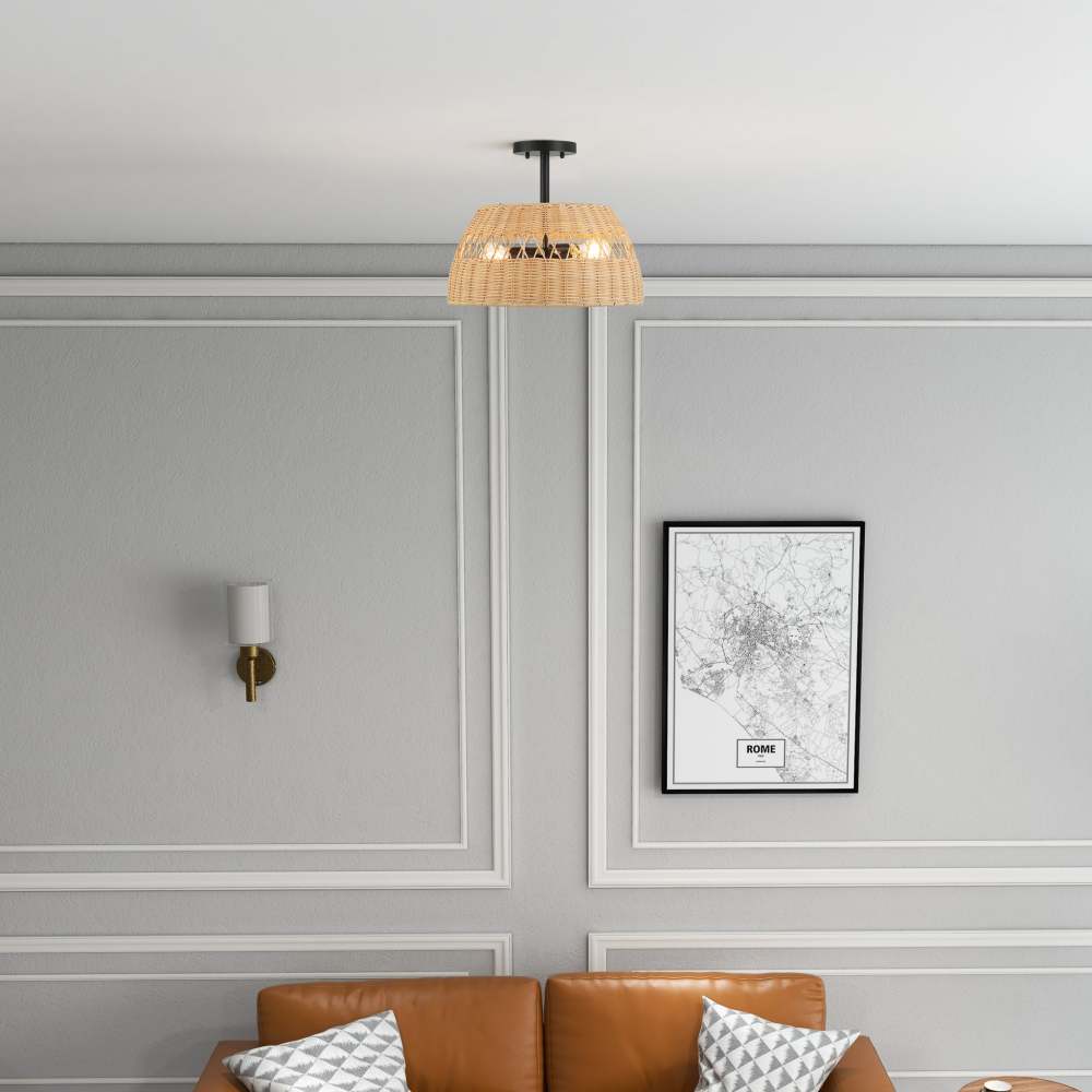 Twinkle Double Lights Semi Flush with Rattan Shade Black Metal Finish for Farmhouse Style Decor 12.6"H x 15"W x 15"D