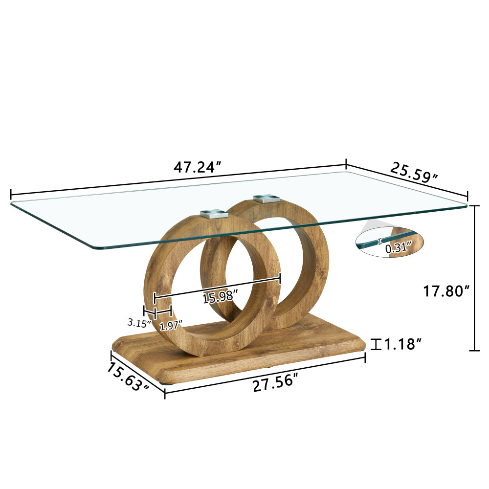 Modern Style Glass Top MDF Coffee Table with Natural Wood Color Base - Suitable for Living Rooms and Lounge Areas, with Product Dimensions of 47.2*25.6*17.8