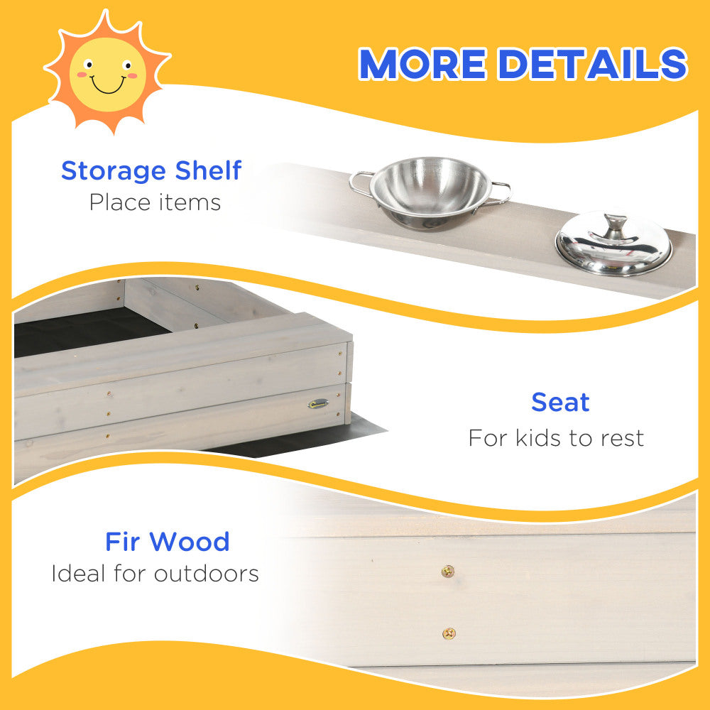 Outsunny Kids Sandbox with Canopy Adjustable, Wooden Sandbox Backyard Toy with Kitchen Playset Accessories, Outdoor Activity Gift for Girls and Boys, Ages 3-7