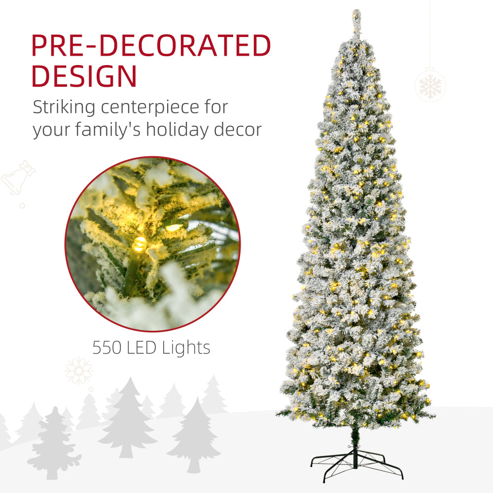 HOMCOM 9ft Pre-Lit Snow-Flocked Slim Douglas Fir Artificial Christmas Tree with Realistic Branches, 550 LED Lights and 988 Tips