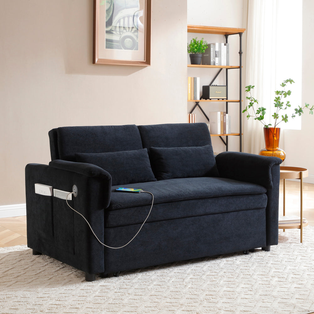 55" Velvet Two Seater Pull Out Sofa Bed, Adjustable Backrest With USB Ports, Two Side Pockets, 3 in 1 Convertible Sleeper Sofa Bed, Modern Love Seat Lounge,2 waist pillows for living rooms,GREY