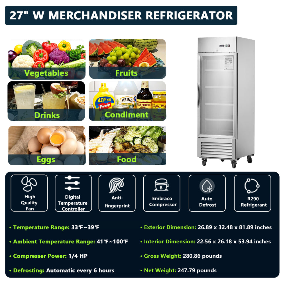 27"W Commercial Refrigerator 1 Glass Door Stainless Steel Interior and Exterior Construction Display Refrigerator 18.68 Cu.ft. Reach-in Merchandising Refrigerator Upright Fan Cooling Merchandiser