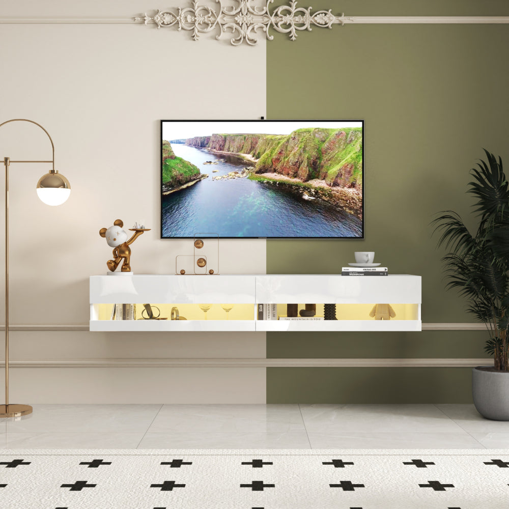 Modern Black TV Stand, 20 Colors LED TV Stand w/Remote Control Lights