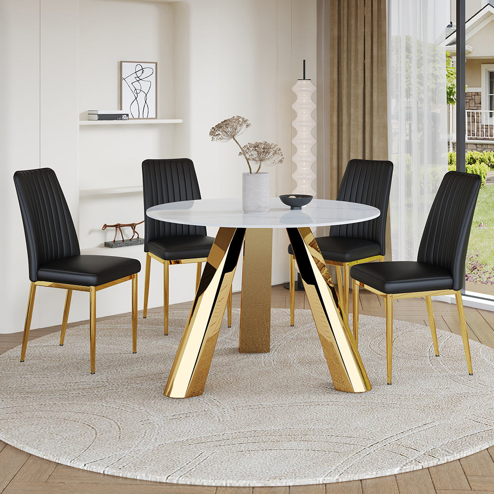 42-inch Sintered Stone Dining Table and Chair Set Mirror-polished Stainless Steel Base 4 Black PU Chairs Modern Luxury Round Dining Table Series