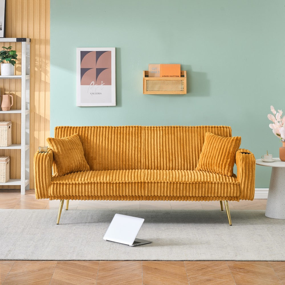 The straight-row white corduroy sofa with throw pillows, featuring a minimalist style, is suitable for the living room and study