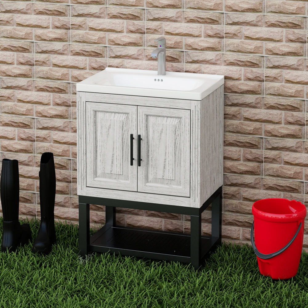 24" Bathroom Vanity with White Ceramic Sink & Hot and Cold Faucet , Freestanding Bathroom Cabinet with 2 Storage Doors and Open iron Shelf for Bathroom