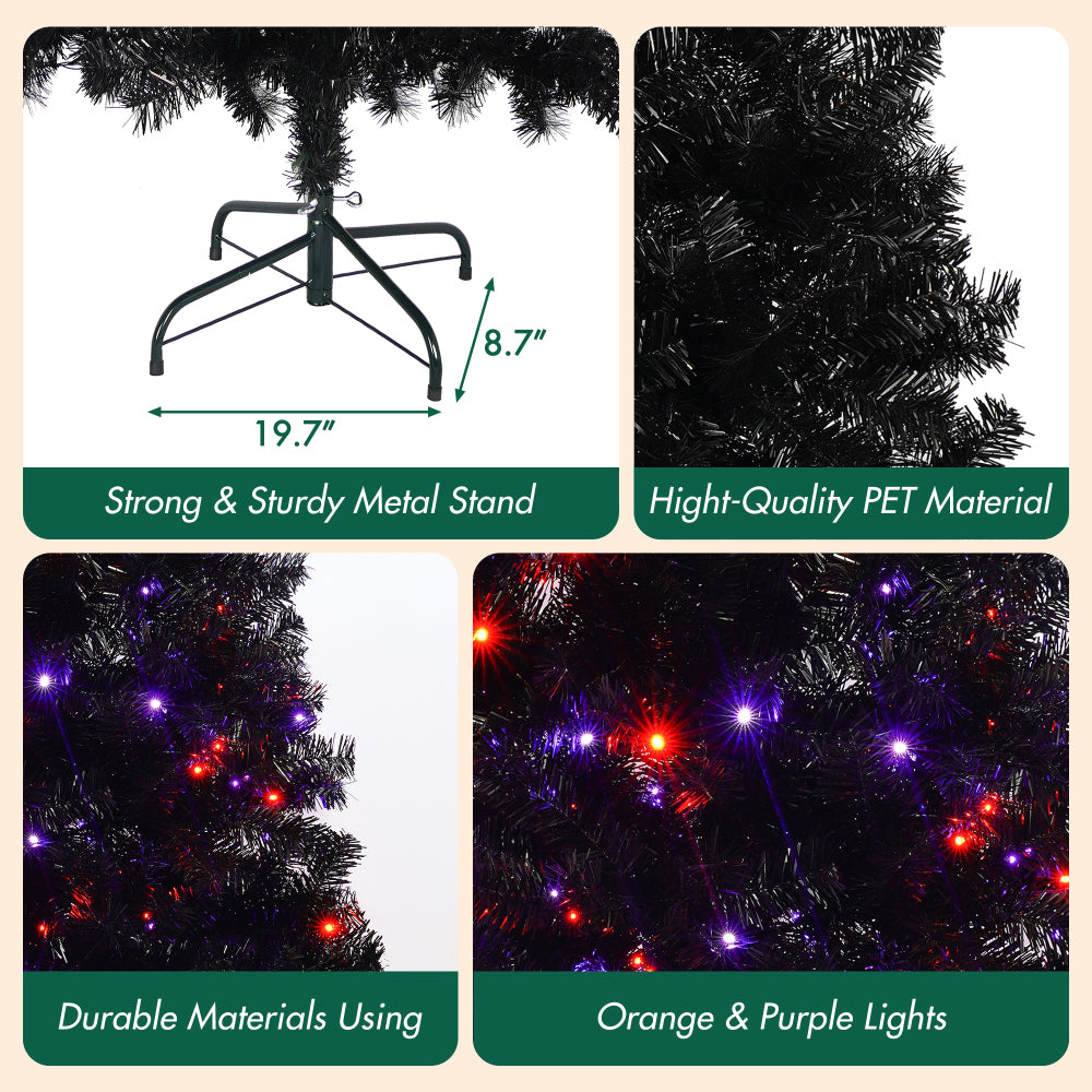 6FT Artificial Christmas Tree with LED Light, Pre-Lit Curved Shape Artificial Whimsical Xmas Tree with 900 Tips, Black Christmas Tree