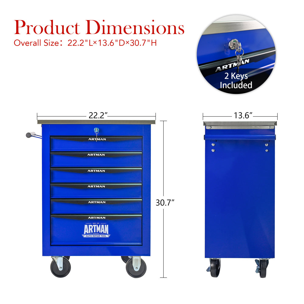 6 Drawers Multifunctional Tool Cart with Wheels,Metal Rolling Tool Cart Storage for Garage Workshop Warehouse Repair Shop--With Stainless Steel Roof- BLACK&BLUE