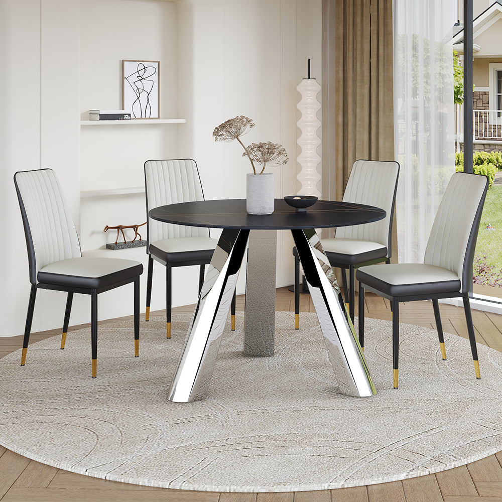 42-inch Sintered Stone Dining Table and Chair Set Mirror-polished Stainless Steel Base 4 Black PU Chairs Modern Luxury Round Dining Table Series
