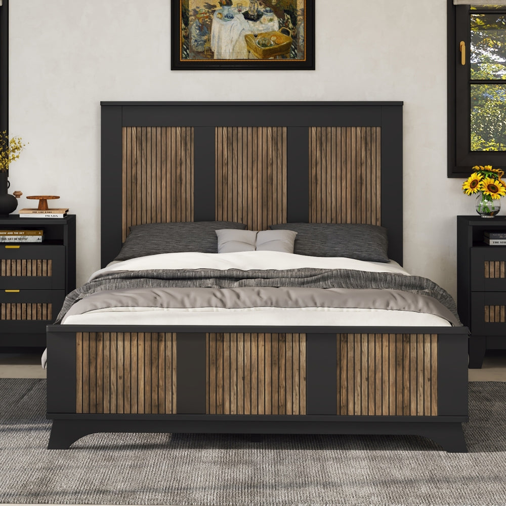 4-Pieces Bedroom Sets, Queen Size Farmhouse Platform Bed with Wooden Strip Stickers Decoration, Storage Nightstand and Dresser with Metal Handle, White