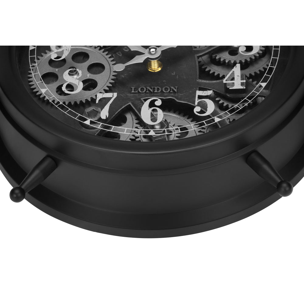 Clocks, 12" Round, Gear Mechanism, Table Clock, Black, Transitional