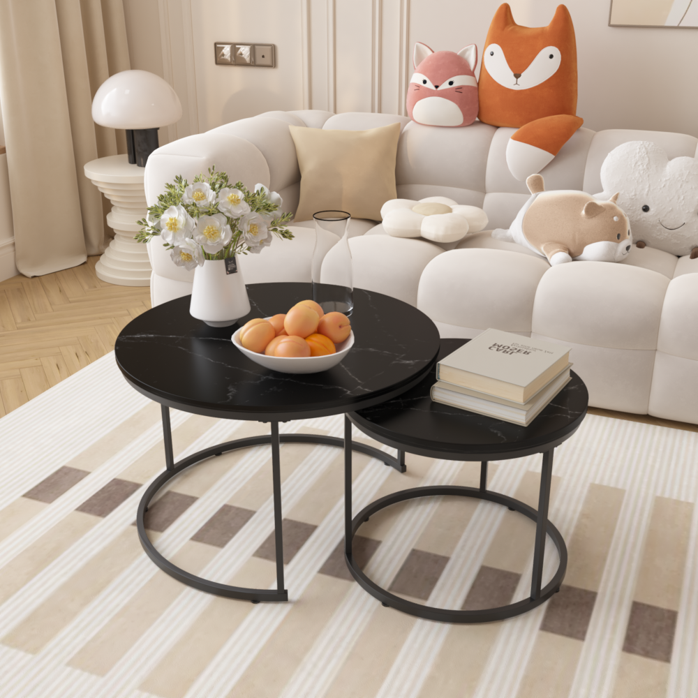 Nesting Coffee Table Set of 2, 27.6inch Round Coffee Table Wood Marble Pattern Top with Sturdy Metal Frame, End Table Side Tables for Living Room Bedroom Balcony Yard (White)