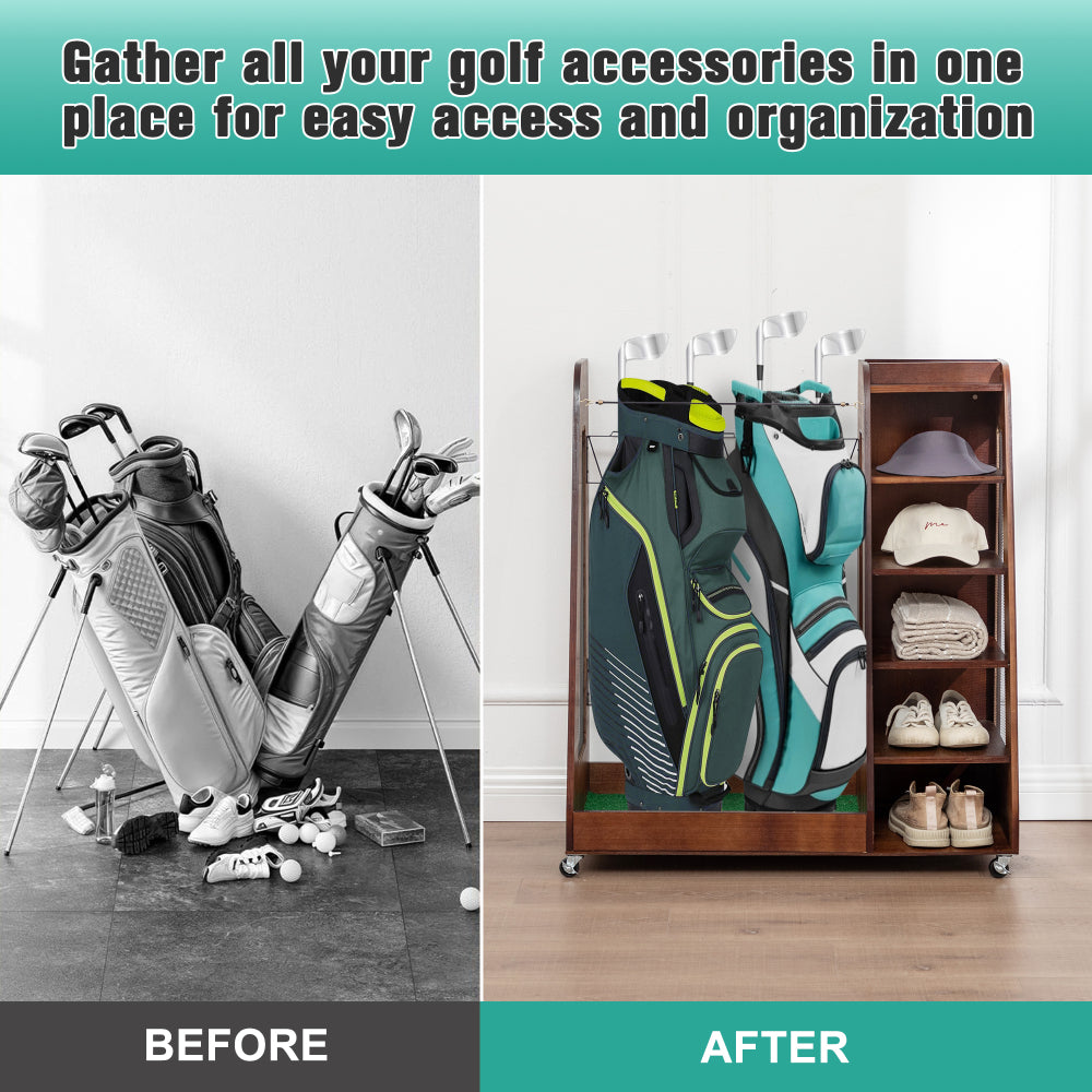 Golf Bag Organizer for Garage, Premium Wooden Golf Clubs Storage Rack Fit 2 Golf Bags, Golf Trunk Organizer for Car Garage Club Shed Basement,Brown