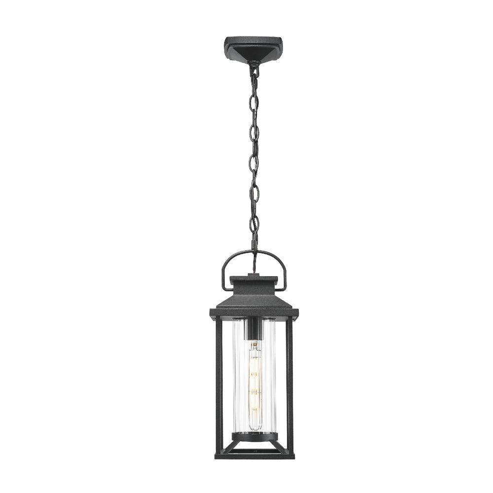Outdoor Pendant Lights for Porch, Black Exterior Chandelier for Gazebo, Modern Outside Hanging Lanterns Outdoor Ceiling Light Fixture with Ribbed Glass for House Patio, Anti-Rust Waterproof (1 pack)
