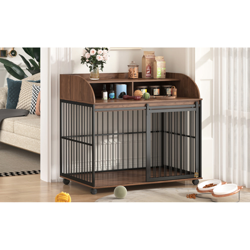 GO 44'' Heavy Duty Large Dog Crate Furniture for Large Medium Dog with Lockable Wheels, Wooden Dog Crate Dog Kennel, End Table Crate with Double layer storage, Brown