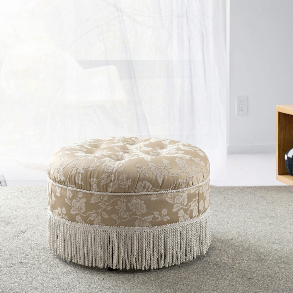 Yolanda 24" Round Upholstered Accent Ottoman, Peach Orange Velvet with Gold Trim