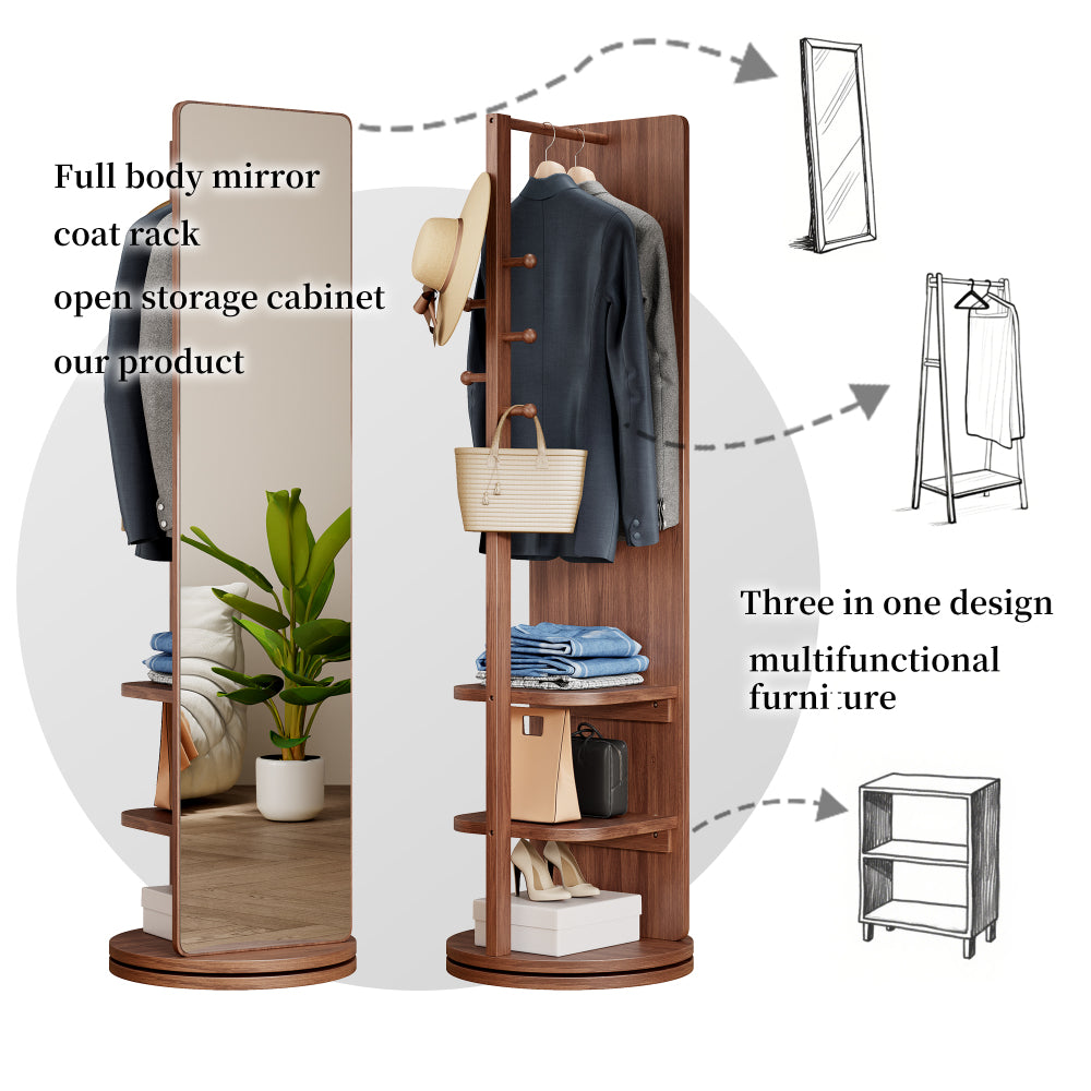 360° Rotating 69"x16" Multifunctional Full Length Mirror with Hook Storage Rack Coat Rack with Mirror Solid Wood Floor Mirror Bedroom Living Room Cloakroom Space Saving (walnut)