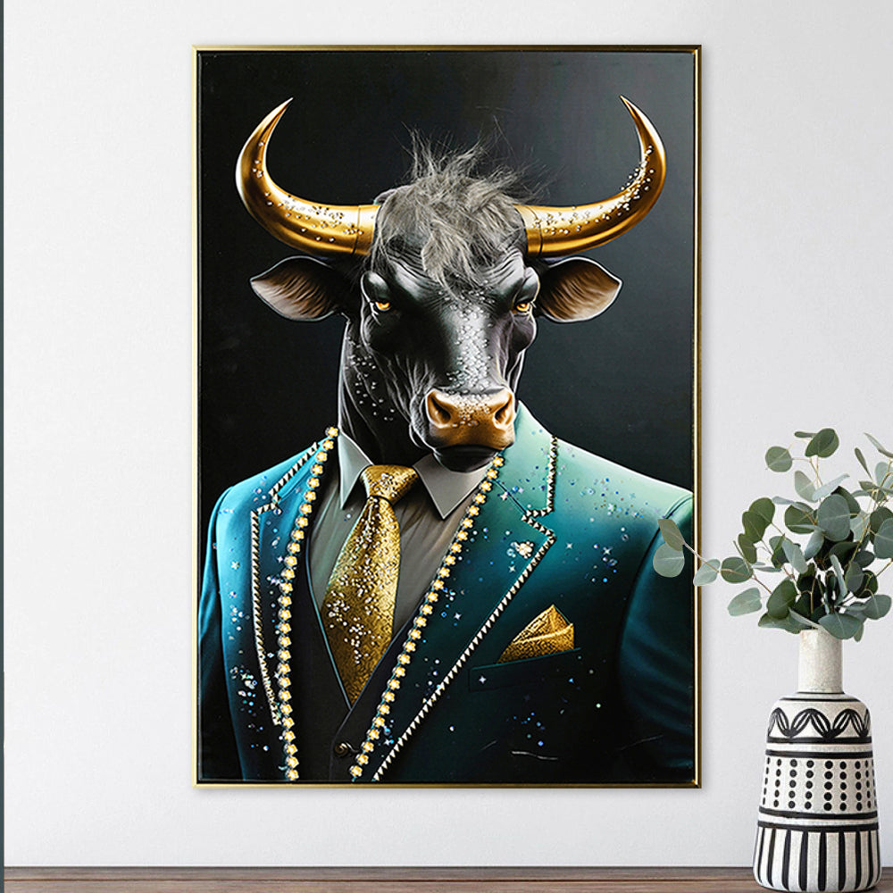 Executive Blue Buffalo Canvas Wall Art - Dapper Animal Portrait in Tailored Suit Modern British Humour Home Decor Premium Gallery Wrapped Artwork for Office Lounge Study Room decorative picture