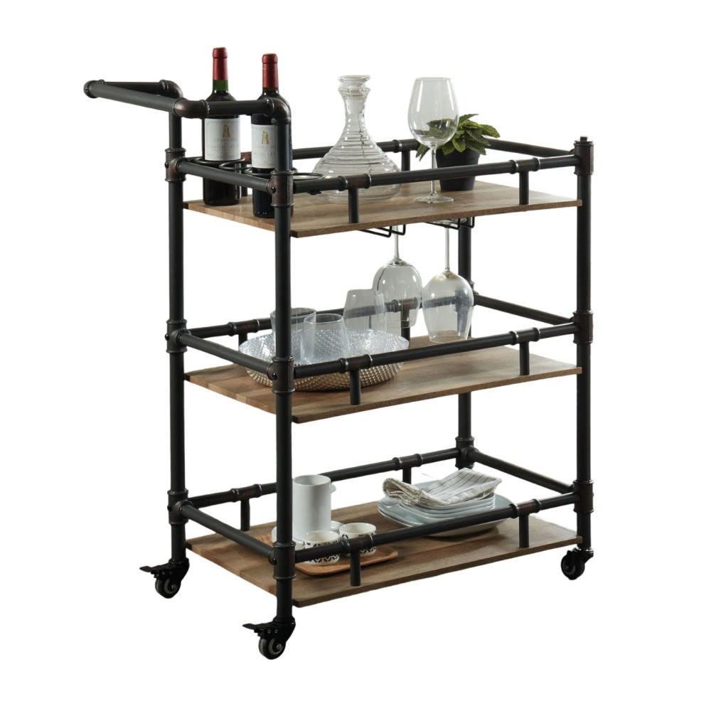 Industrial Style Antique Black Inspired Design Natural Oak 1pc Serving Cart 3-Tier Server w wheels