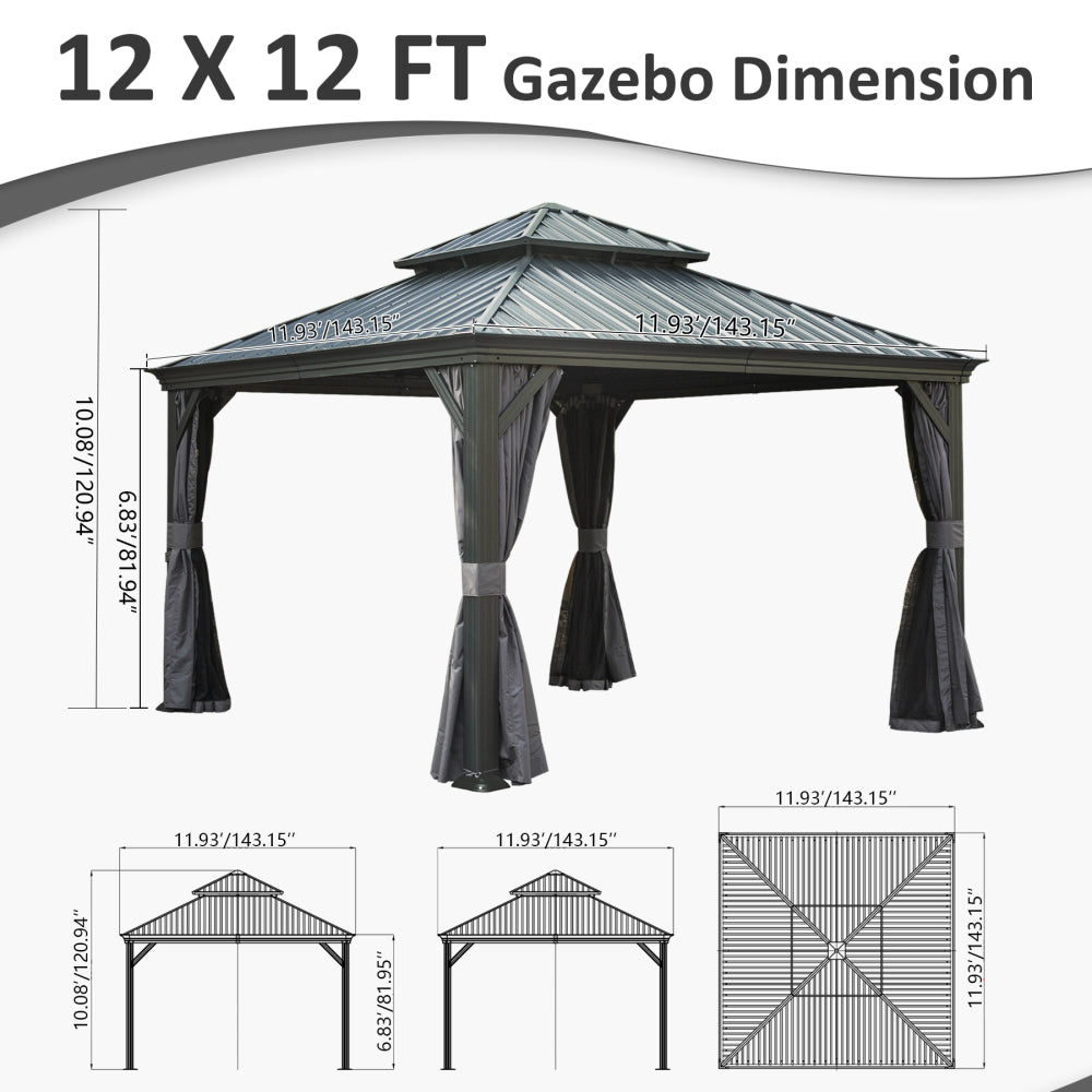 12' X 12' Hardtop Gazebo, Upgraded Metal Gazebo with Drainage System, Dual-Layer Galvanized Steel Roof, Curtain and Netting, Outdoor Shelter Canopy for Patio, Garden, and Backyard, Grey