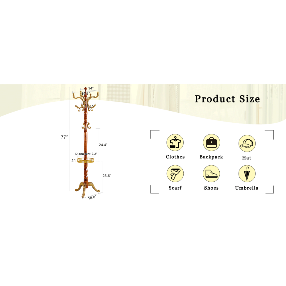 Crabapple Colored Solid Wood Hanger, Modern And Simple Coat And Hat Rack, Resin Stainless Steel Multifunctional Storage Rack With Key Tray (Optional In Walnut Color)