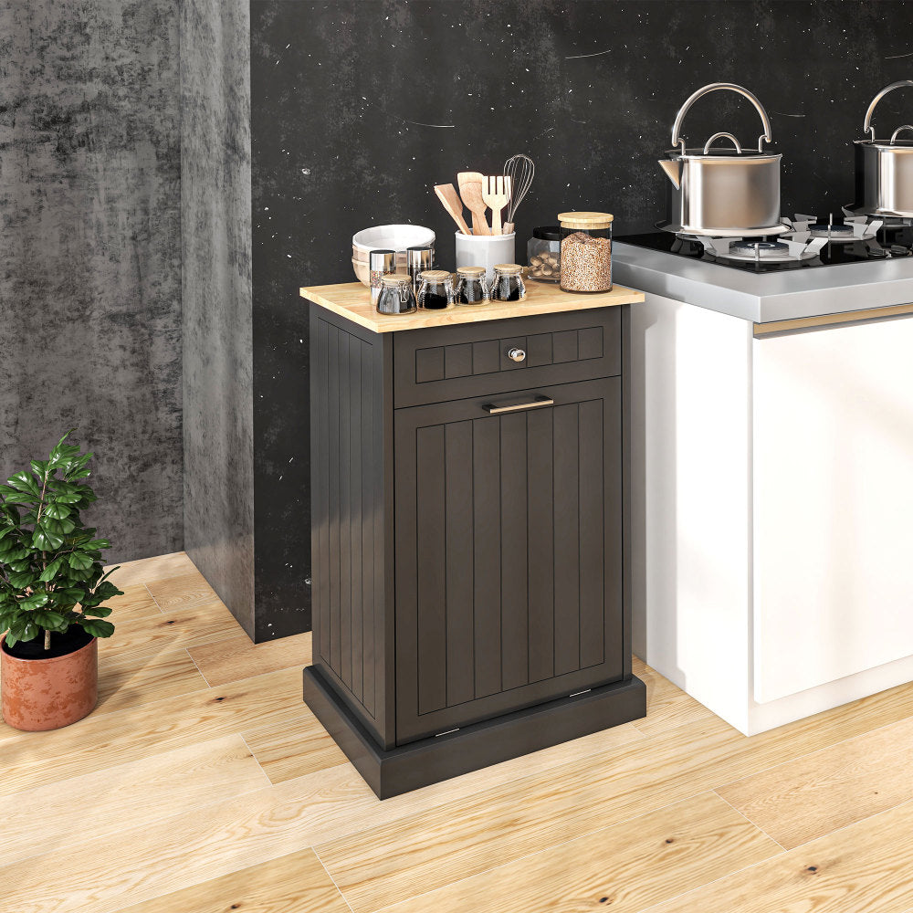 HOMCOM Kitchen Tilt Out Trash Bin Cabinet Free Standing Recycling Cabinet Trash Can Holder With Drawer, Black