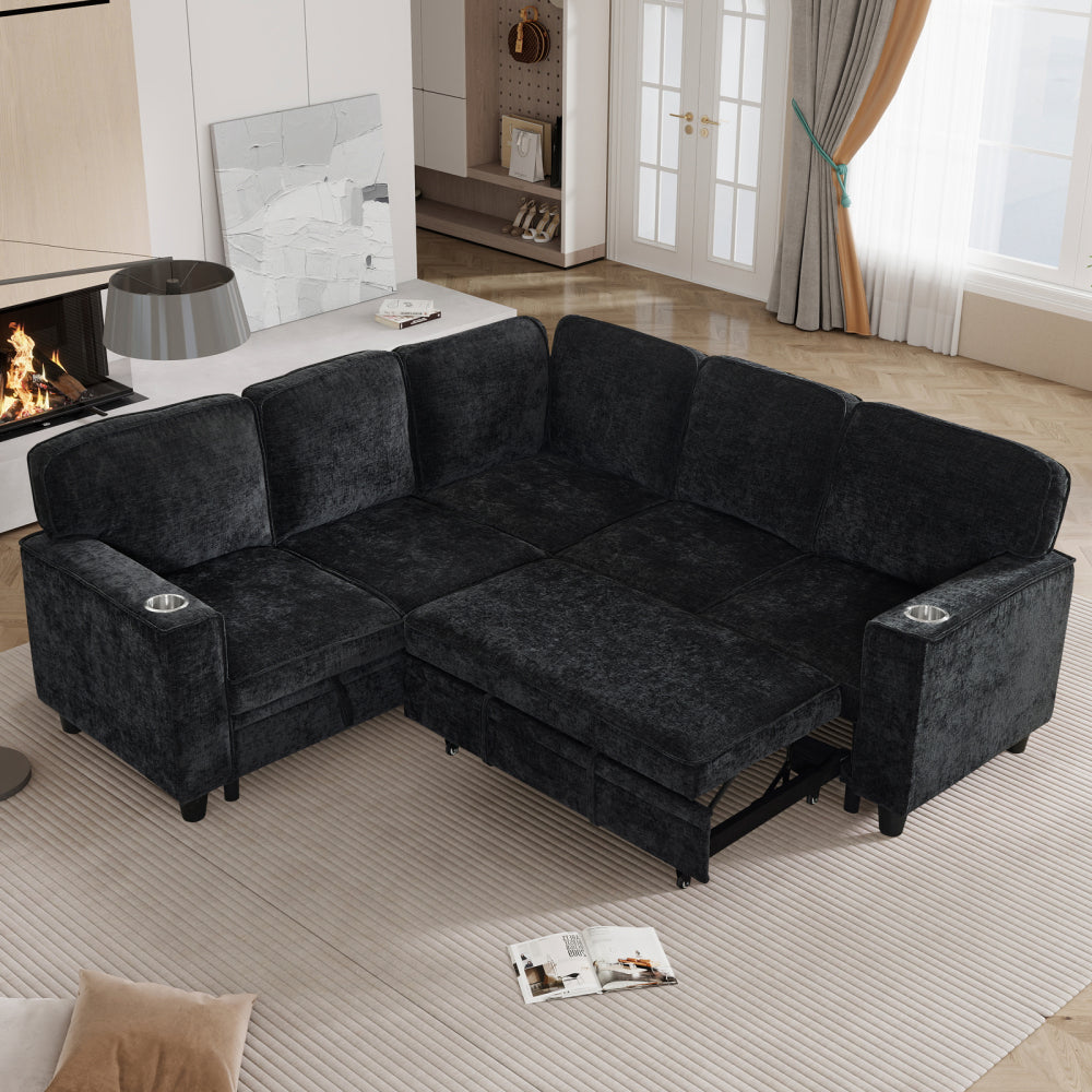 L-Shaped Sofa with Pull Out Sofa Bed, Sleeper Sofa Couch Bed with Storage Seat, 5 Seat Sectional Sofa Bed with USB, Sectional Sofa Couch for Living Room, Apartment, Light Brown