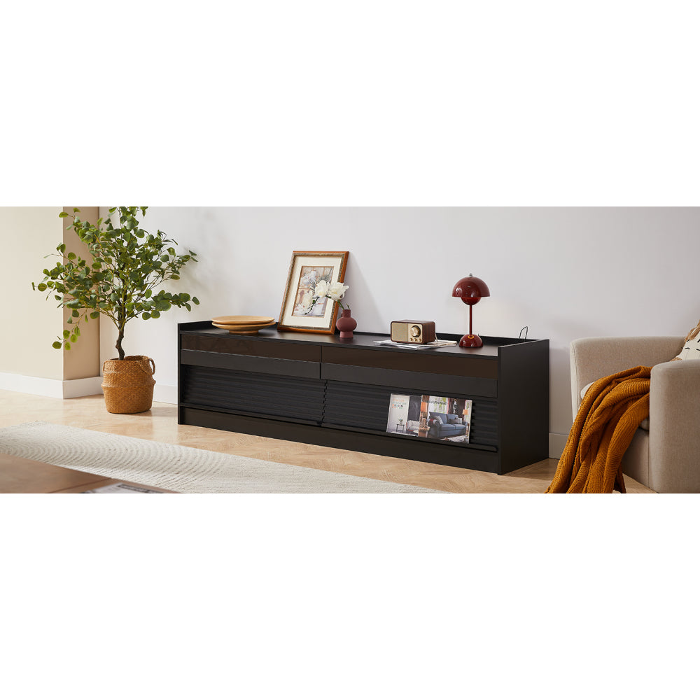 Mirod Modern TV Stand with Ample Storage,4 Drawer Design with Tempered Glass ,Built-in Charging Ports and Ambient LED Lighting ,Versatile for Any Decor Style