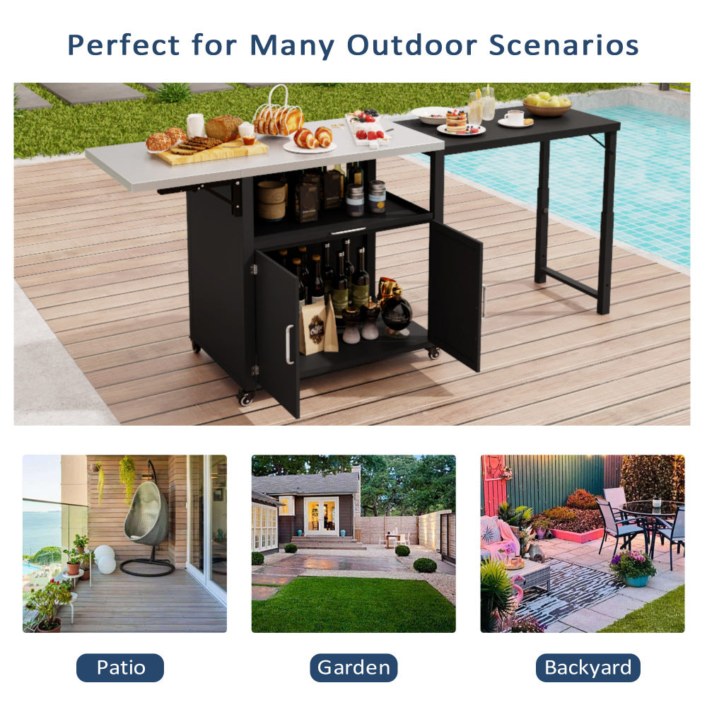 Versatile Outdoor Cabinet with Folding & Expandable Work Surfaces, Ample Storage Space, and Lockable Wheels, Matte Black
