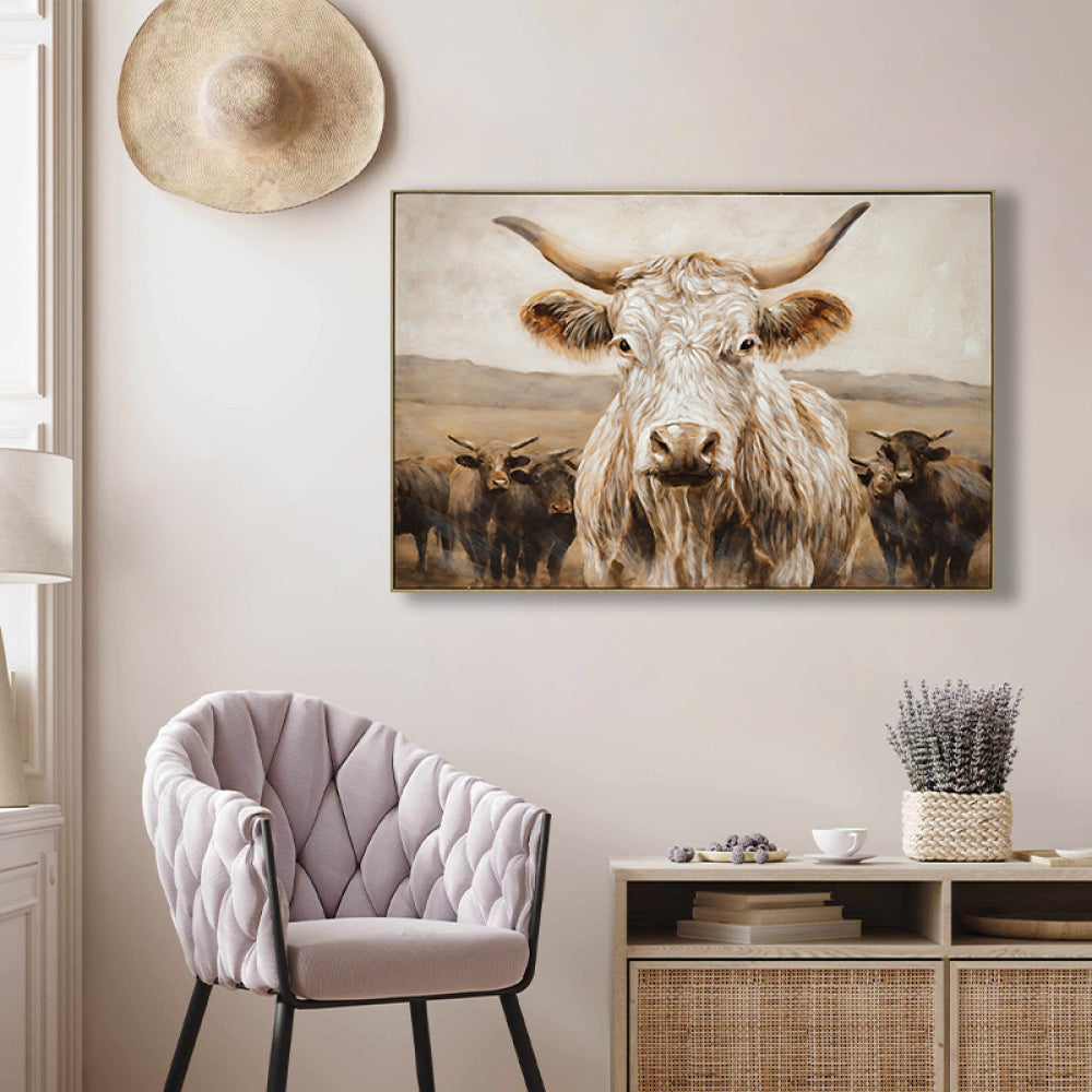 White Highland Cow Canvas Wall Art - Modern Minimalist Animal Art Print for Living Room Bedroom Decor, Framed in Solid Wood, Nature Inspired Wall Decordecorative picture Oil painting