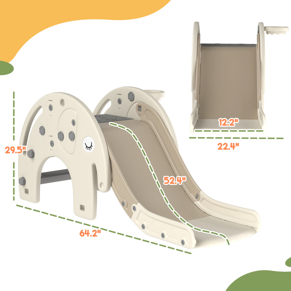 Qaba 3 in 1 Toddler Slide for Years 1-3, Kids Slide with Climber, Basketball Hoop, Elephant-Shaped Indoor Slide, Cream White
