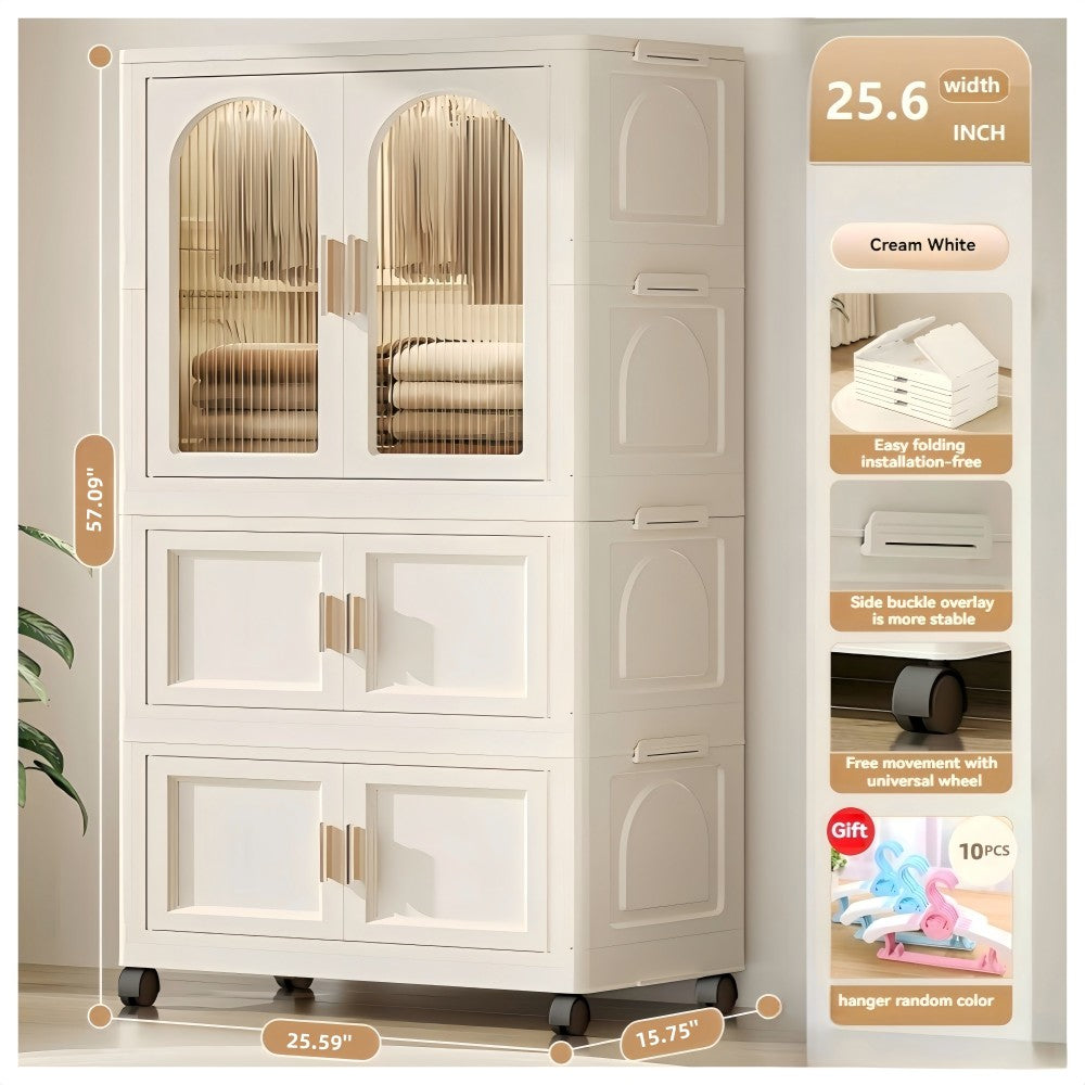 25.59" Side Wide Folding Wardrobe , 25.59"×15.75"×57.09", with Magnetic Door, Plastic Storage Cabinet with Wheels( one layer of wardrobe + two layers of folding boxes+10 hangers )