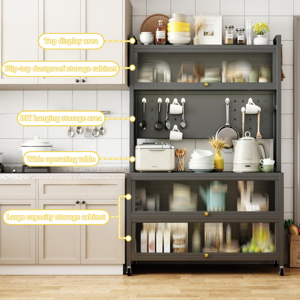 64" Kitchen Pantry Storage Cabinet, 5 Tier Metal Storage Cabinet with Wheels, Transparent Flap Door & DIY Hole Board , Kitchen Storage Bakers Rack, for Kitchen, Living Room and Dining Room, Gray