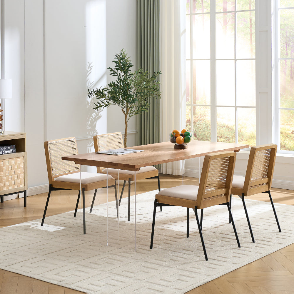 Mid-Century Dining Chairs Set of 2, Accent Linen Fabric Side Chairs with Rattan Backrest Metal Legs Kitchen Chairs for Dining Room Living Room