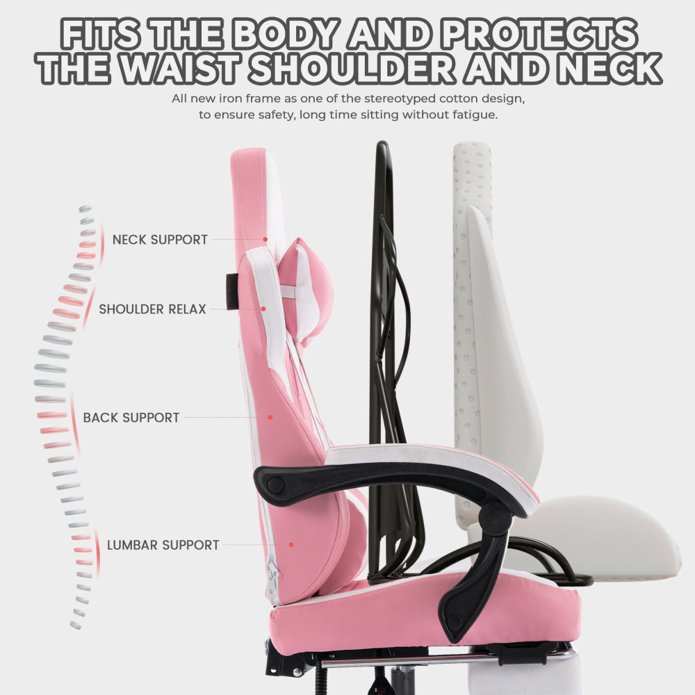 Gaming Chair with Footrest, High Back Gaming Chairs PVC Leather Ergonomic Gamer Chair with Adjustable Headrest Lumbar Support Racing Style Video Gaming Chair for Office/Home (Pink)