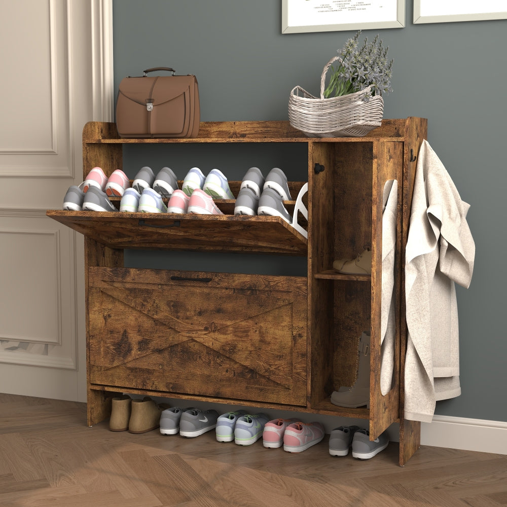 Shoe Storage Cabinet with 2 Flip Drawers, Freestanding Organizer with Metal Legs for Entryway, Narrow Shoe Rack Cabinet, Rustic Brown