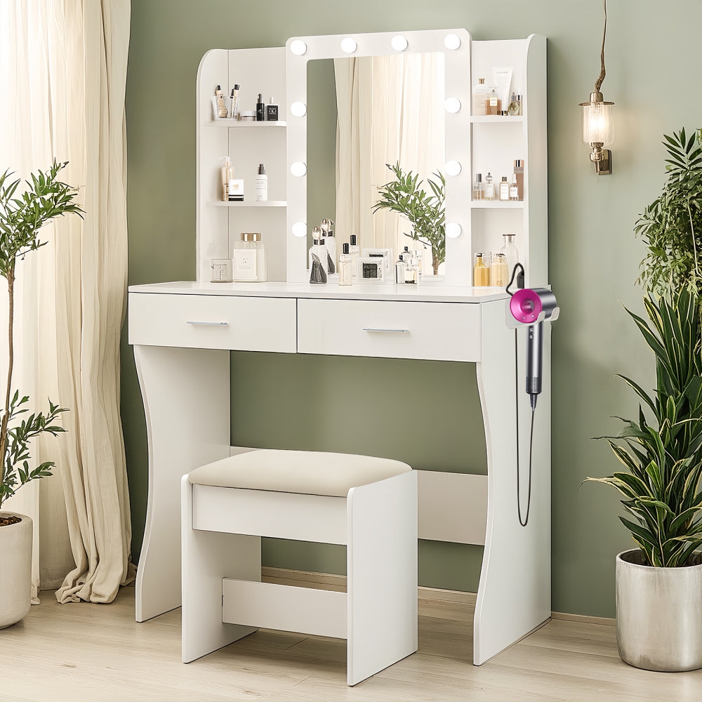 Vanity Desk with Mirror and Lights, Makeup Vanity with Drawer & Storage Cabinet, 3 Lighting Modes Adjustable Brightness, Dressing Table with Open Shelves for Bedroom, Dressing Room, White